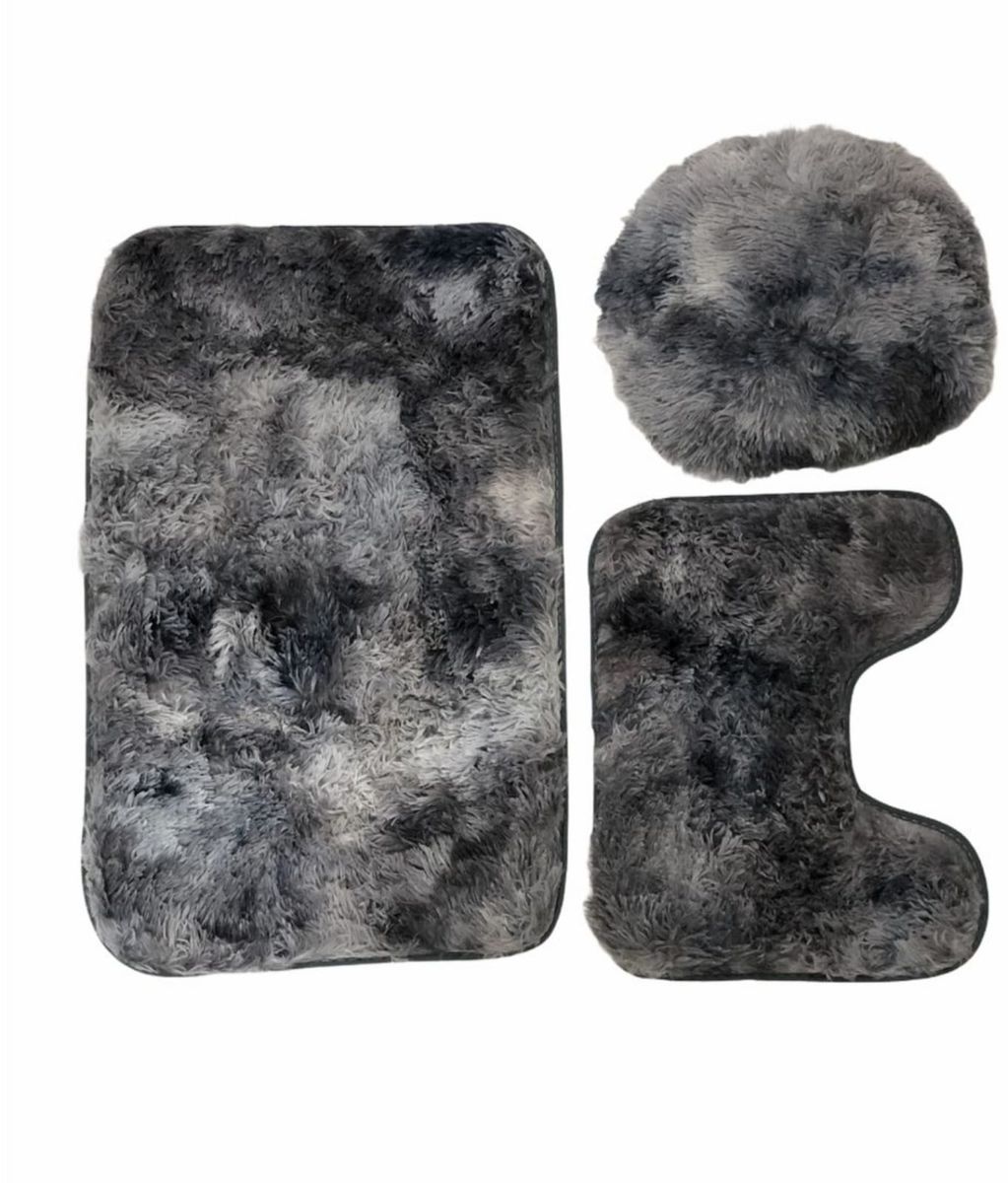 SMTE - 3 Piece Fluffy Toilet Seat Cover & Bathroom Mats Set - Mix Grey