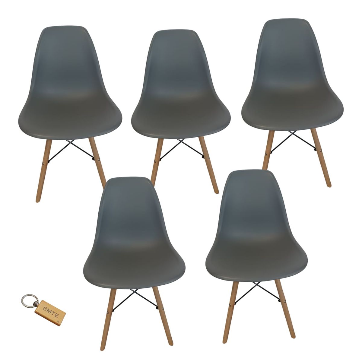 SMTE - Plastic Chair With Wooden Leg Set of 5+  KeychainGrey