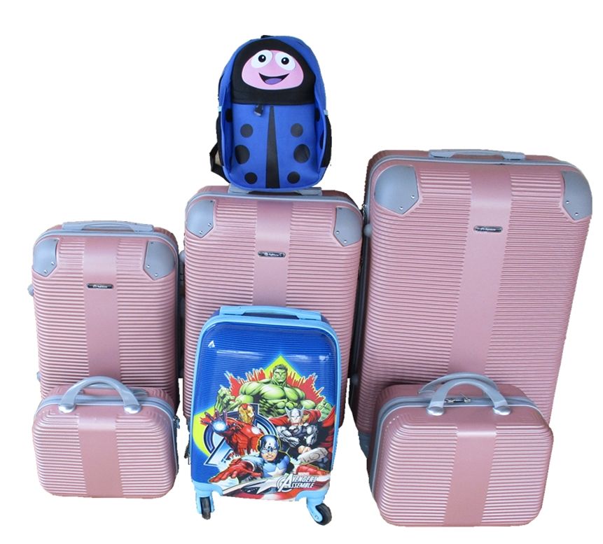 SMTE - 5Piece Pink ABS Luggage Set with Avengers Kids Trolley & Ladybug Backpack