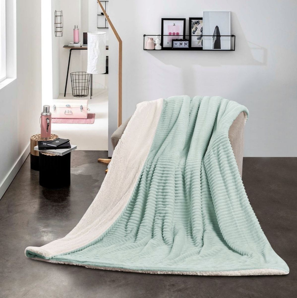 SMTE - Sastro - New Reversible Throw Striped Flannel Sherpa Fleece Blanket - Light Green