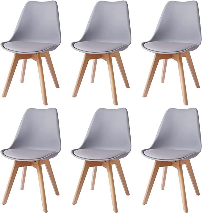 SMTE - Dining Chairs with Cushion Seat, Wooden Legs - Set of 6 - Grey