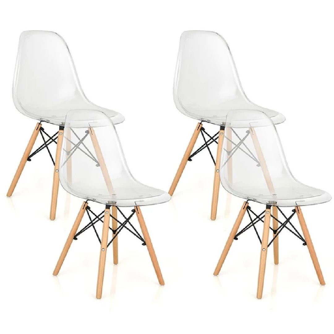 SMTE - Set of 4 Dining Chairs Modern plastic shell side chair w/ clear wooden leg
