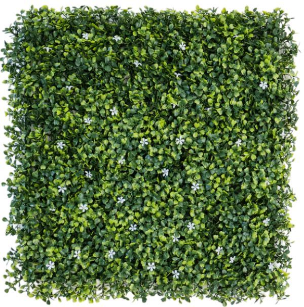SMTE - Artificial Boxwood with White Flower Green Wall Matting 50cm x 50cm
