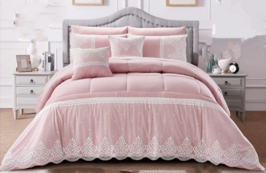 SMTE - 7-Piece King Comforter Set - Modern Stylish Print - Pink