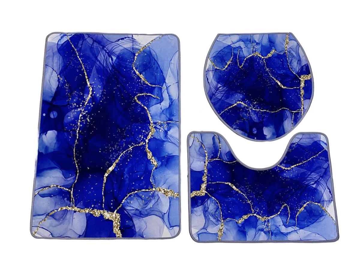 SMTE - Stunning 3 Piece Anti-Slip Soft Foam Bathroom Set - Blue Pattern