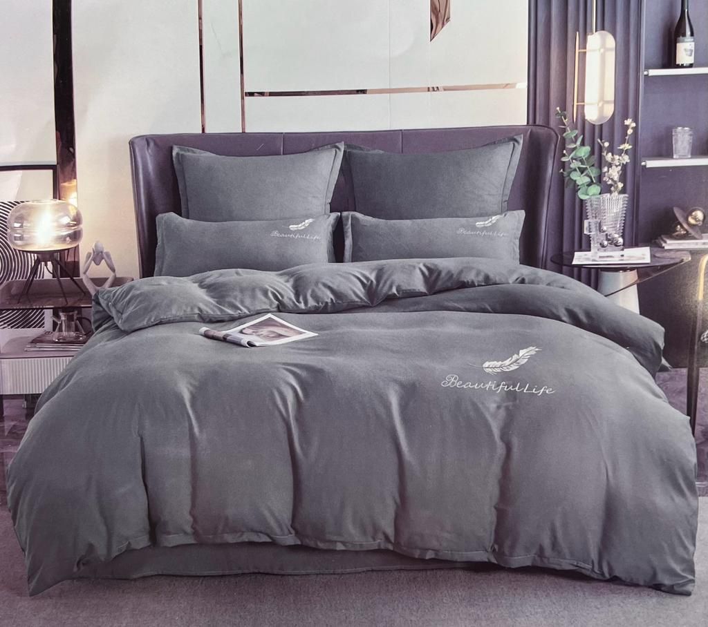SMTE - 6 Piece - Soft Plain Duvet Cover set - Light Grey