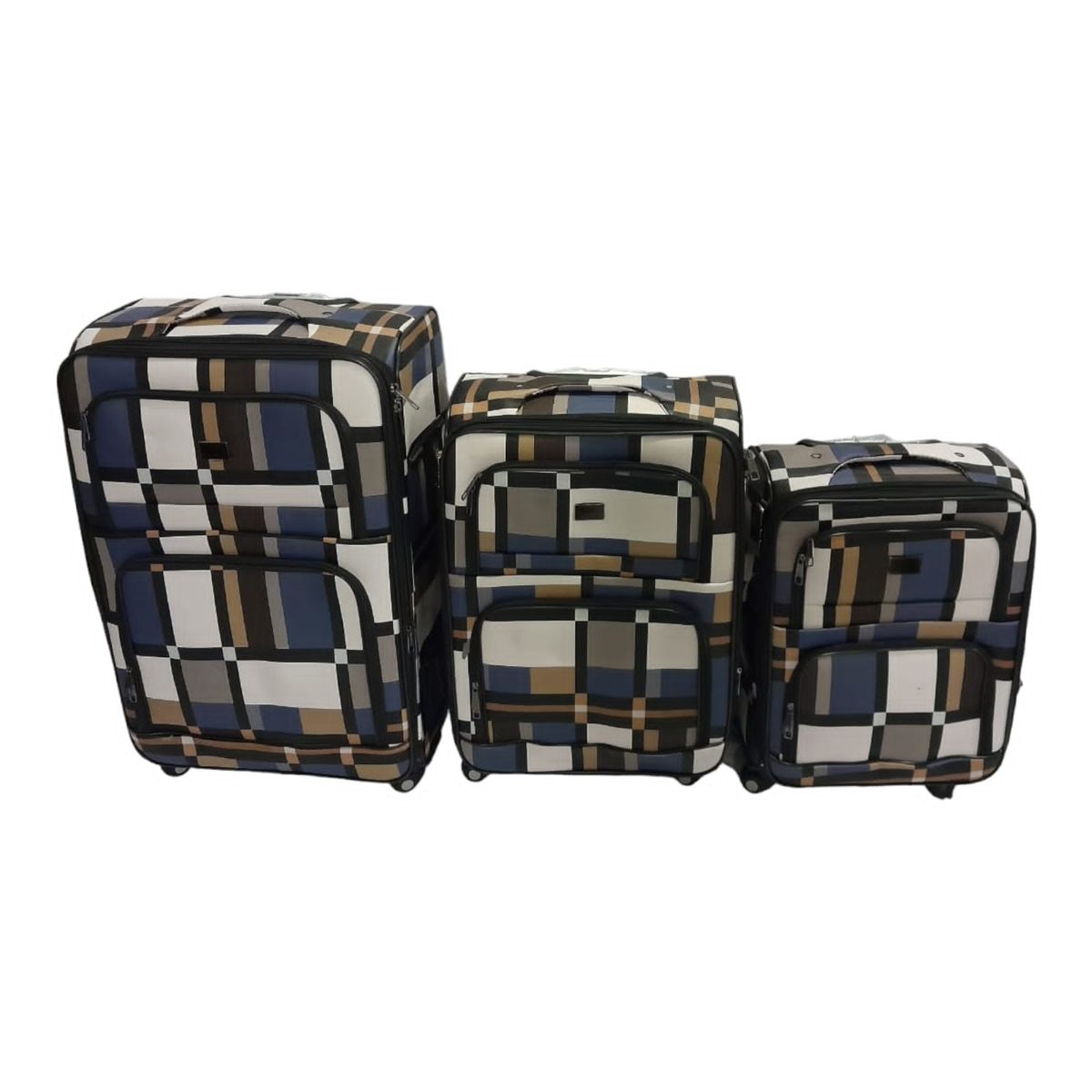 SMTE - Quality Luggage Set of 3 Leather Travel Suitcase Set Checks Art - C2