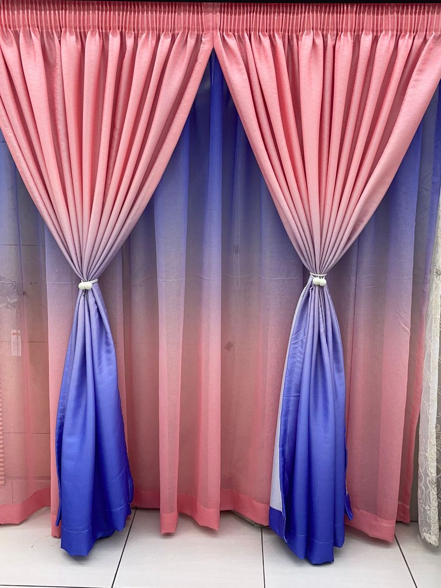 SMTE - Dream World 2 Tone Modern Stylish Curtain With Lace And Tie Backs - Pink, Blue