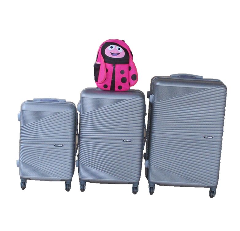 SMTE - Silver 3Piece ABS Luggage Set + Pink Ladybug Kids Backpack