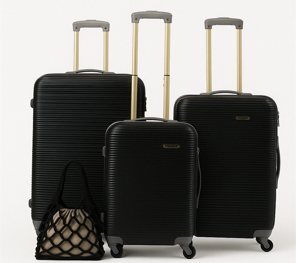 SMTE - Modern Mesh Shopping BagBlack Honeycomb Net with3 Piece Luggage Set