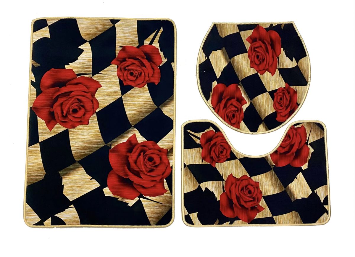 SMTE - Stunning 3 Piece Anti-Slip Soft Foam Bathroom Set - Red Roses