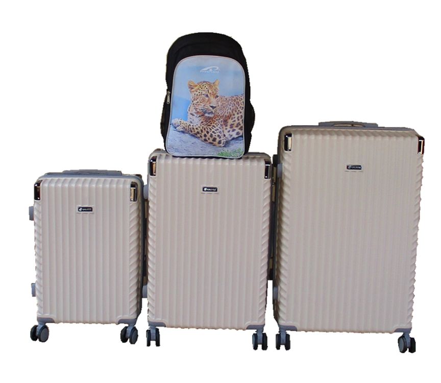 SMTE - 3Piece Cream ABS Luggage Set with Spinner Wheels + Leopard Backpack