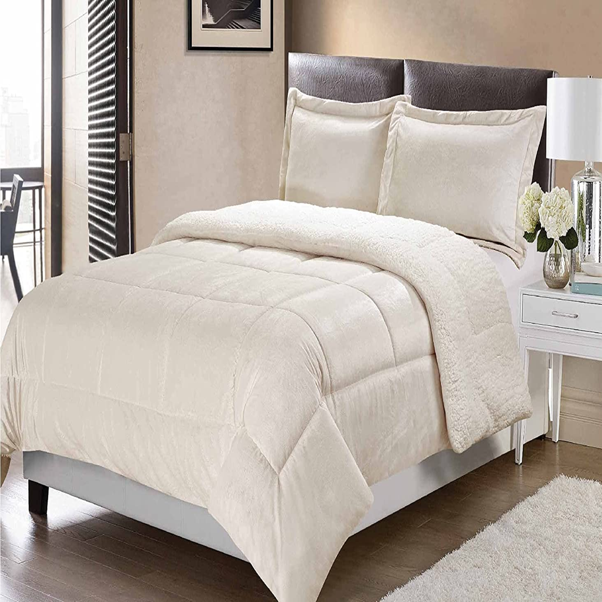 SMTE - 3 Piece Fleece Comforter Set - Cream