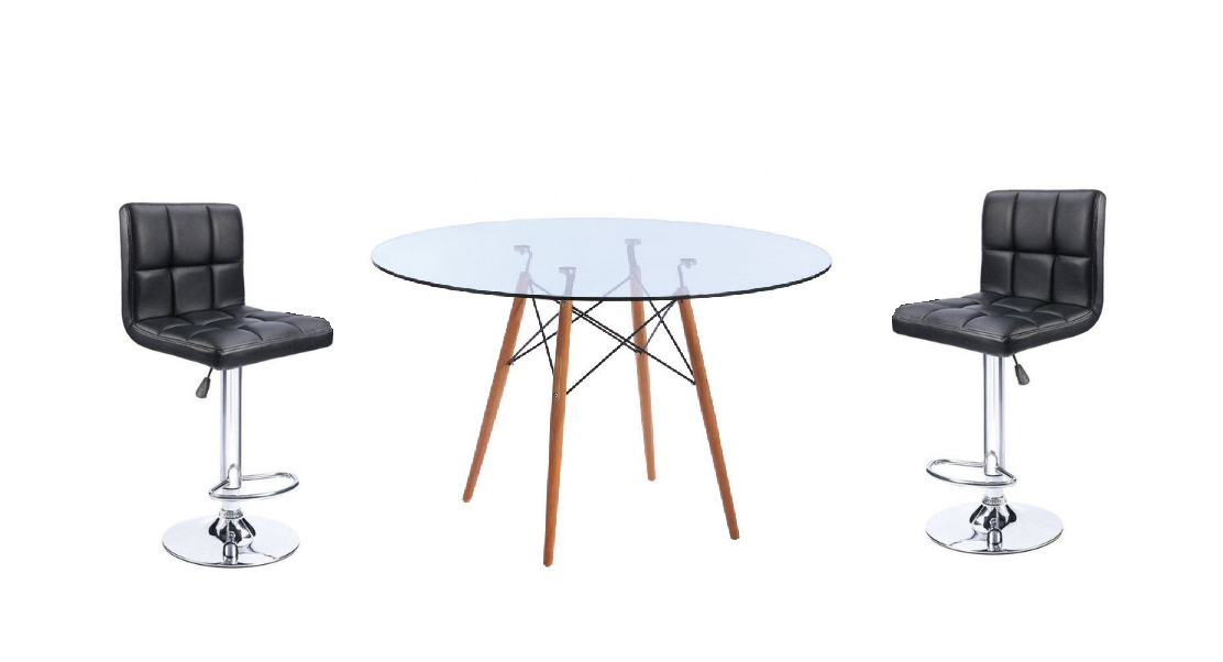 SMTE - Soft Padded Perla Swivel Bar Stool and Glass Wooden Leg Table Set