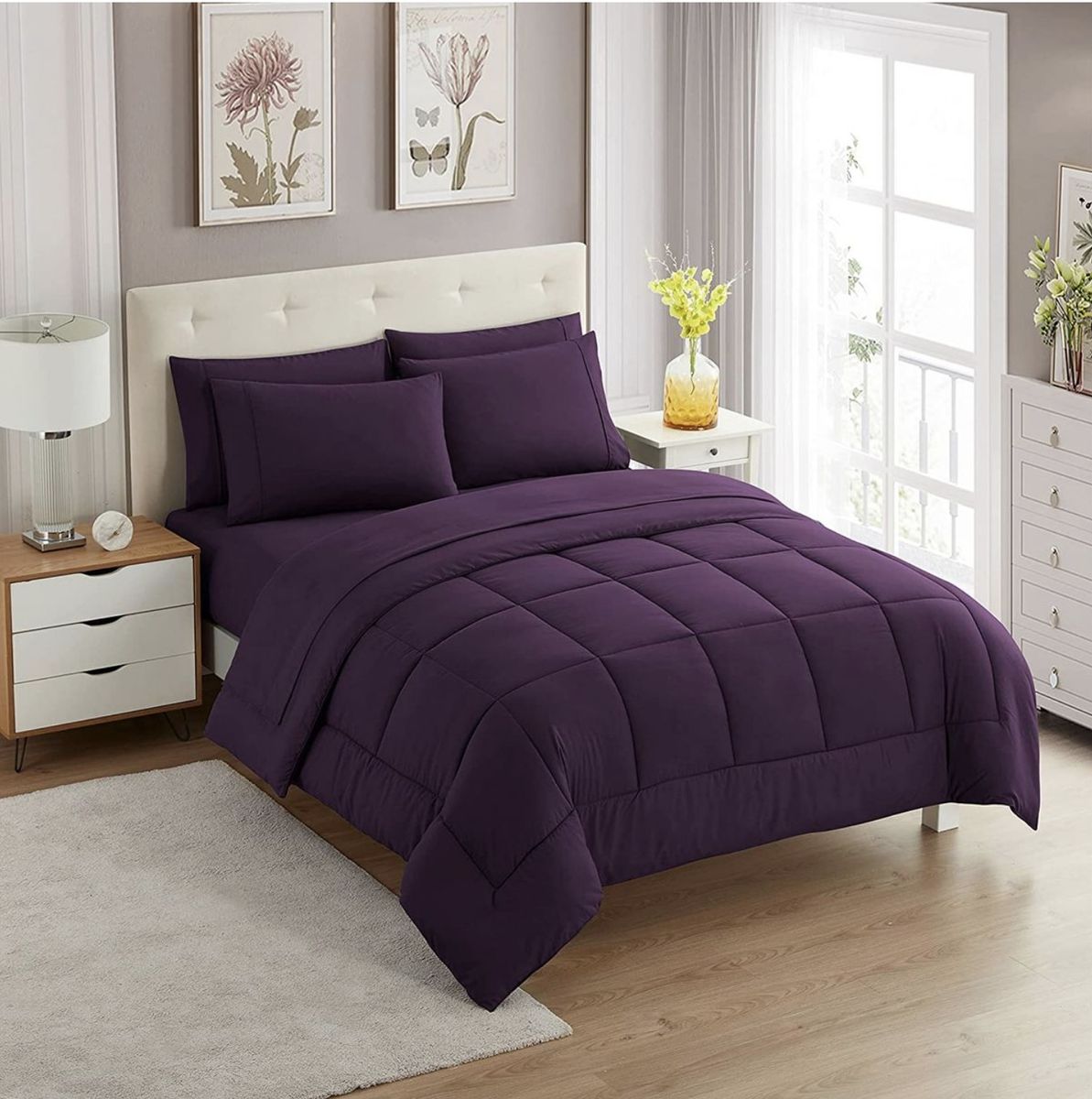 SMTE - 5-piece Plain Comforter set Purple Queen