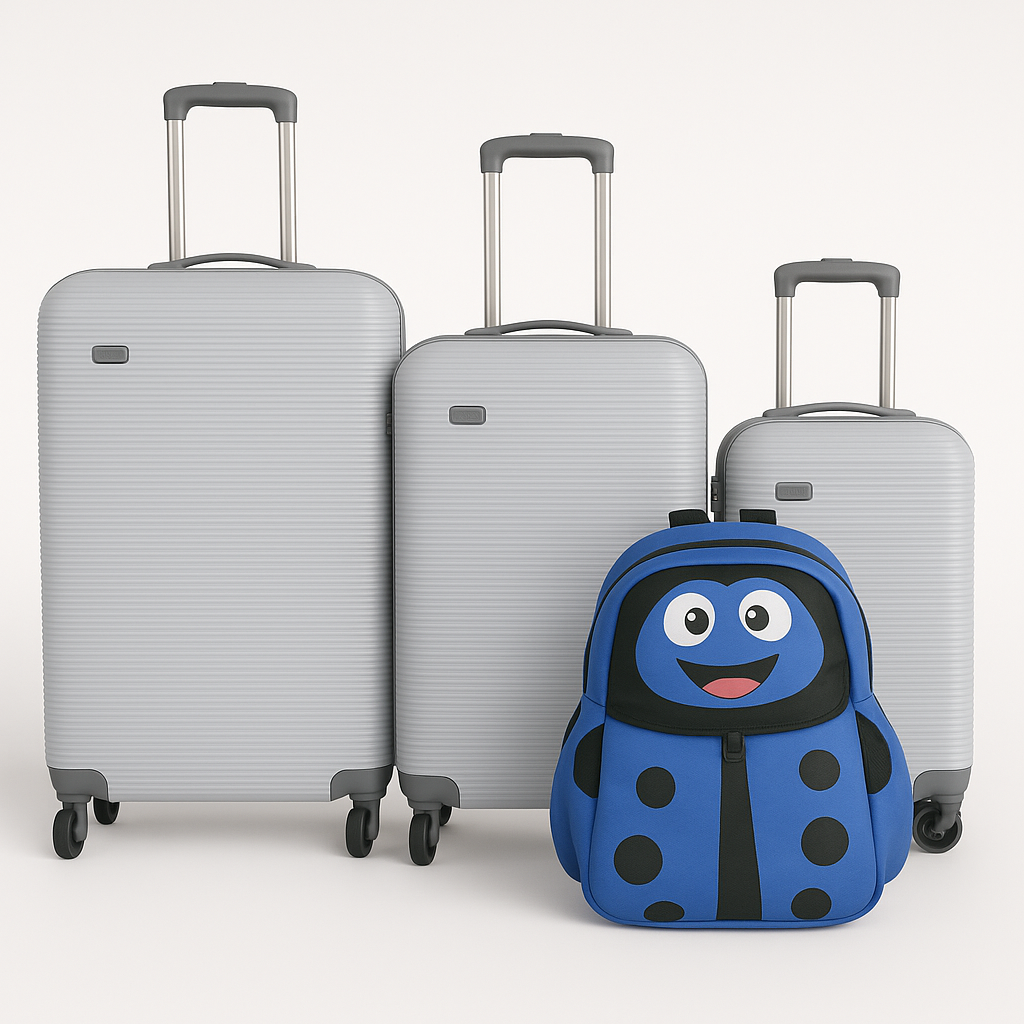 SMTE - Kids' Ladybug BackpackCartoon Face & Mesh Pocket + 3 Piece Luggage SetBlue