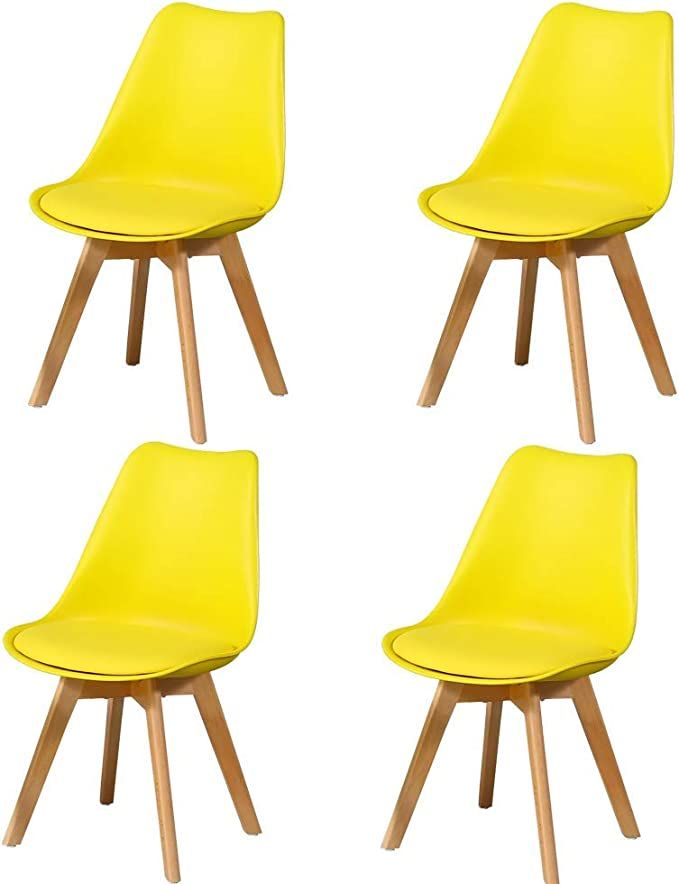 SMTE - Dining Chairs with Cushion Seat, Wooden Legs (White) - Set of 4 - Yellow