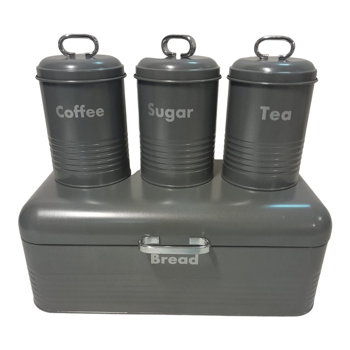 SMTE - Quality Breadbin Steel Design with 3 Piece Matching Canister Set - Grey