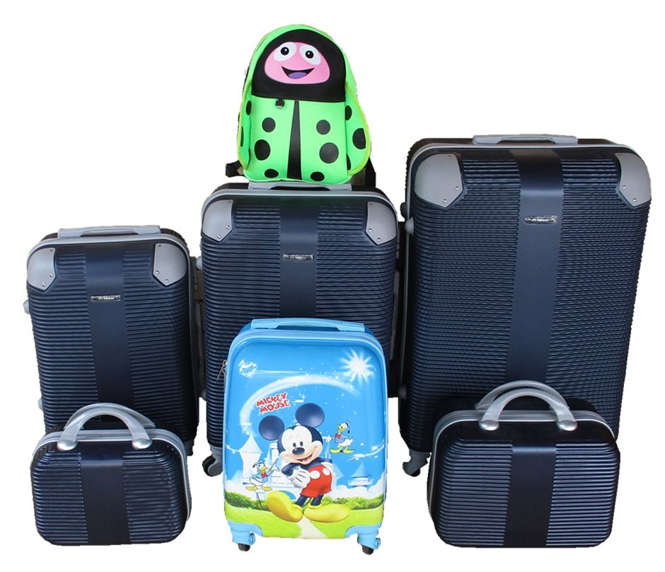 SMTE - Family ABS Navy Luggage 5Piece Set with Kids Mickey case and Green Ladybug Bag