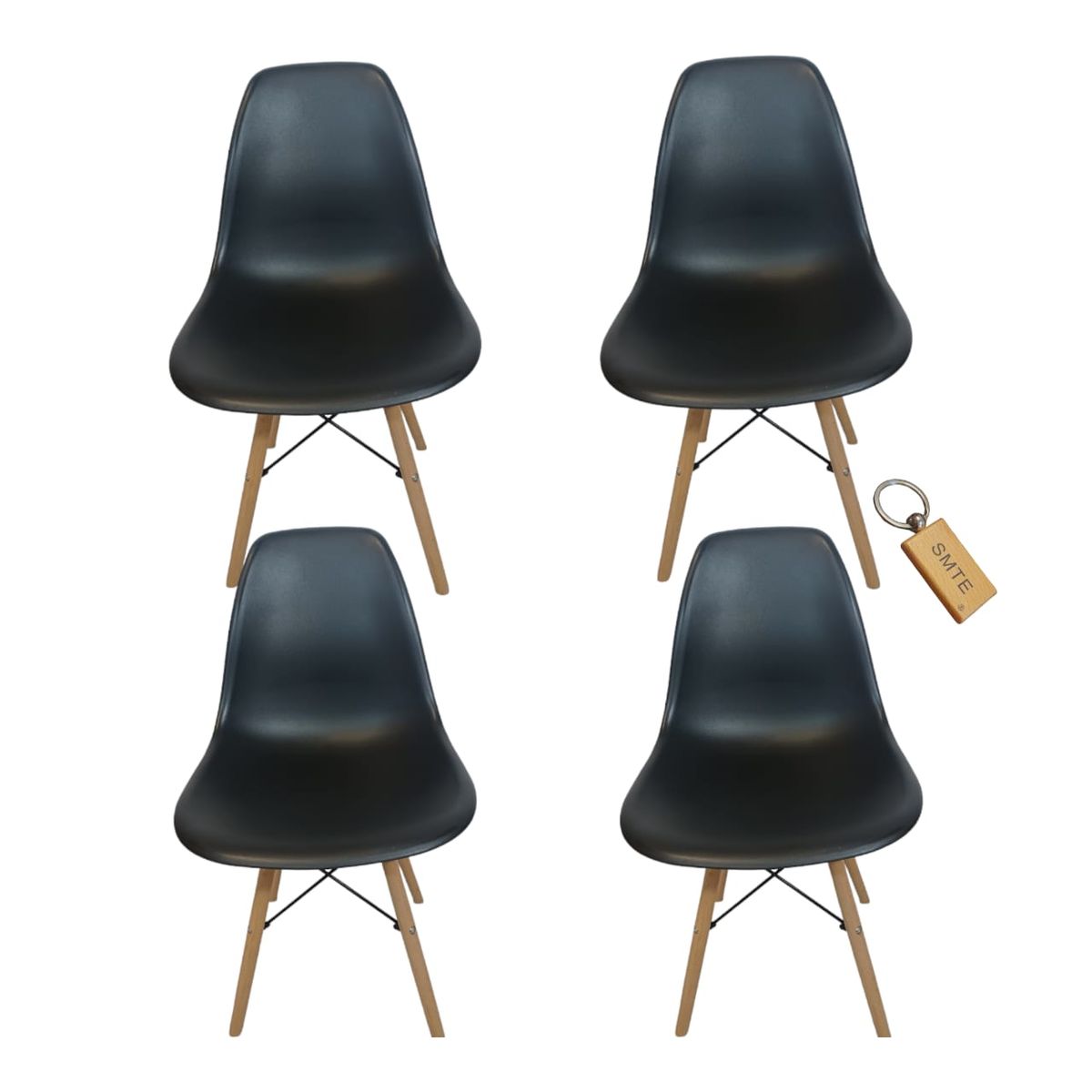 SMTE - Plastic Chair With Wooden Leg Set of 4+  KeychainBlack