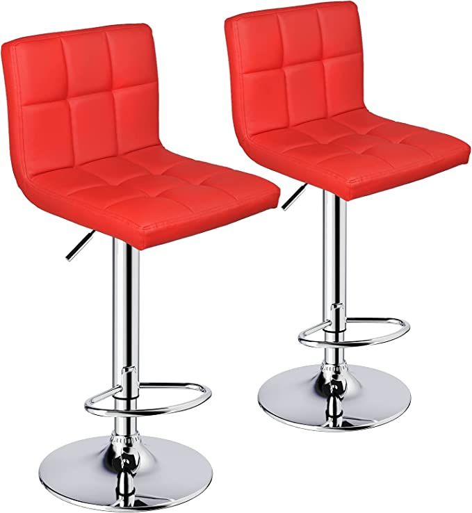 SMTE - Modern PU Leather Adjustable Swivel Bar Stool - Set of 2 - Red