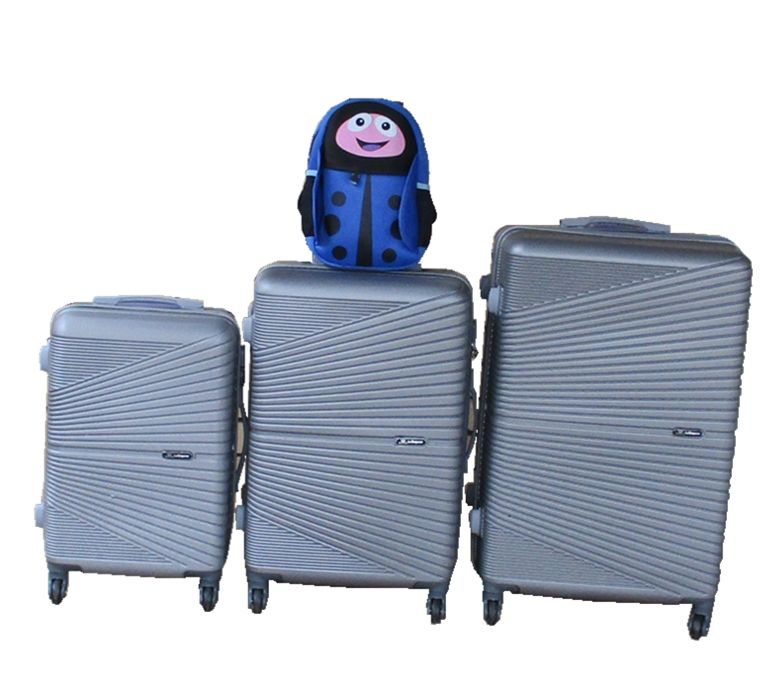 SMTE - Silver 3Piece ABS Luggage Set + Blue Ladybug Kids Backpack