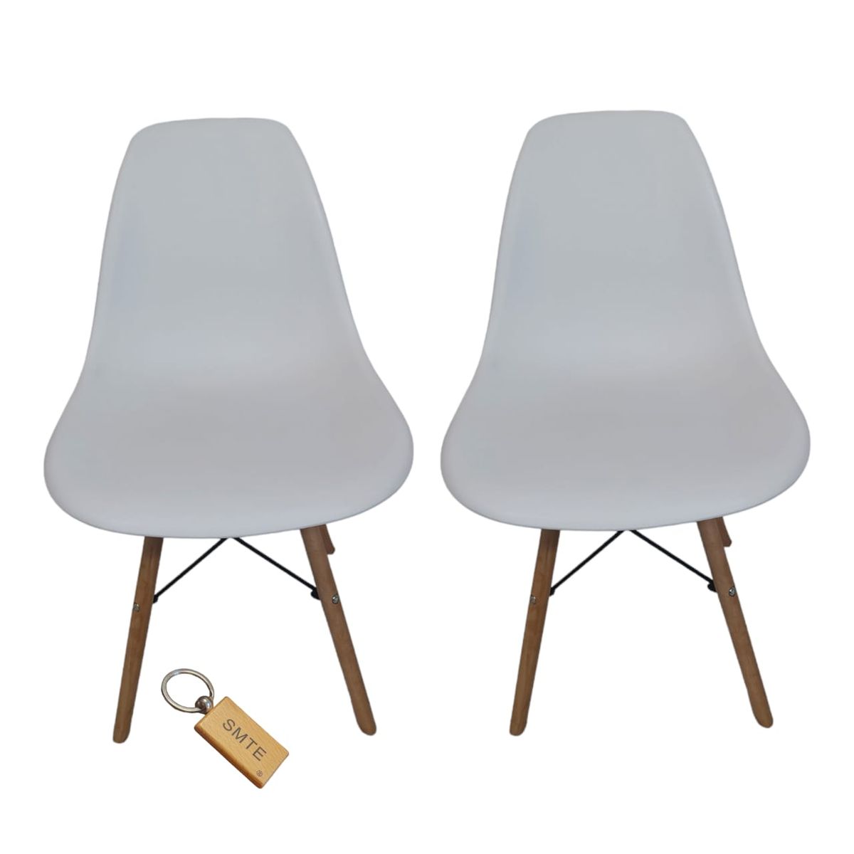 SMTE - Plastic Chair With Wooden Leg Set of 2+  KeychainWhite