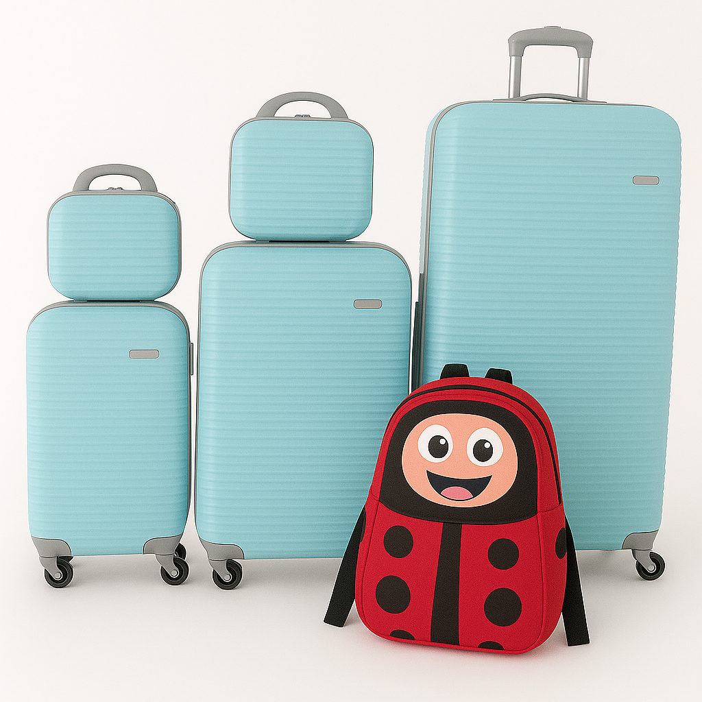 SMTE - Family Luggage Set5pc Green Hardshell Suitcases + Kids Ladybug Backpack