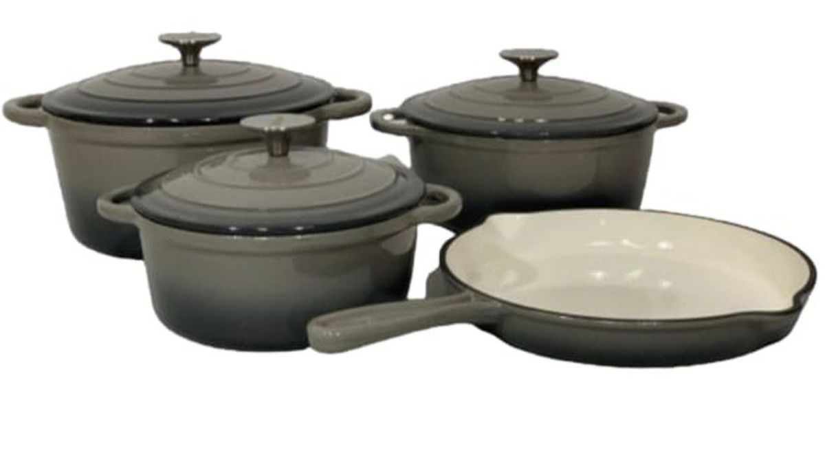 SMTE - Authentic 7 Piece Cast Iron Dutch Oven Cookware Pot Set - Grey
