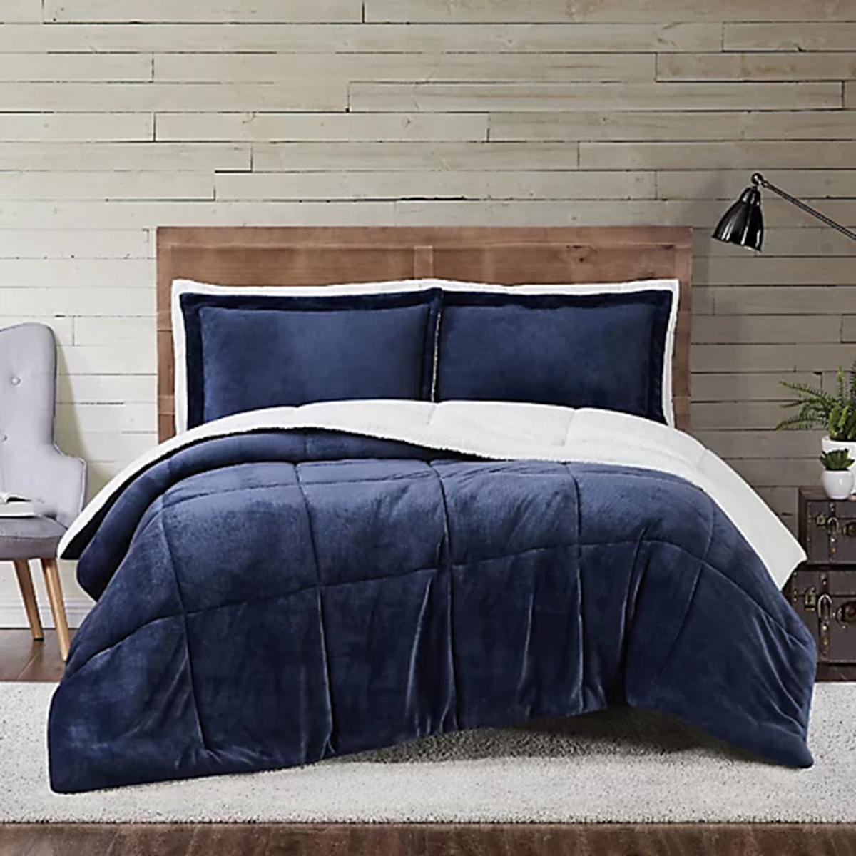 SMTE - 3 Piece Fleece Comforter Bedding Set - Blue