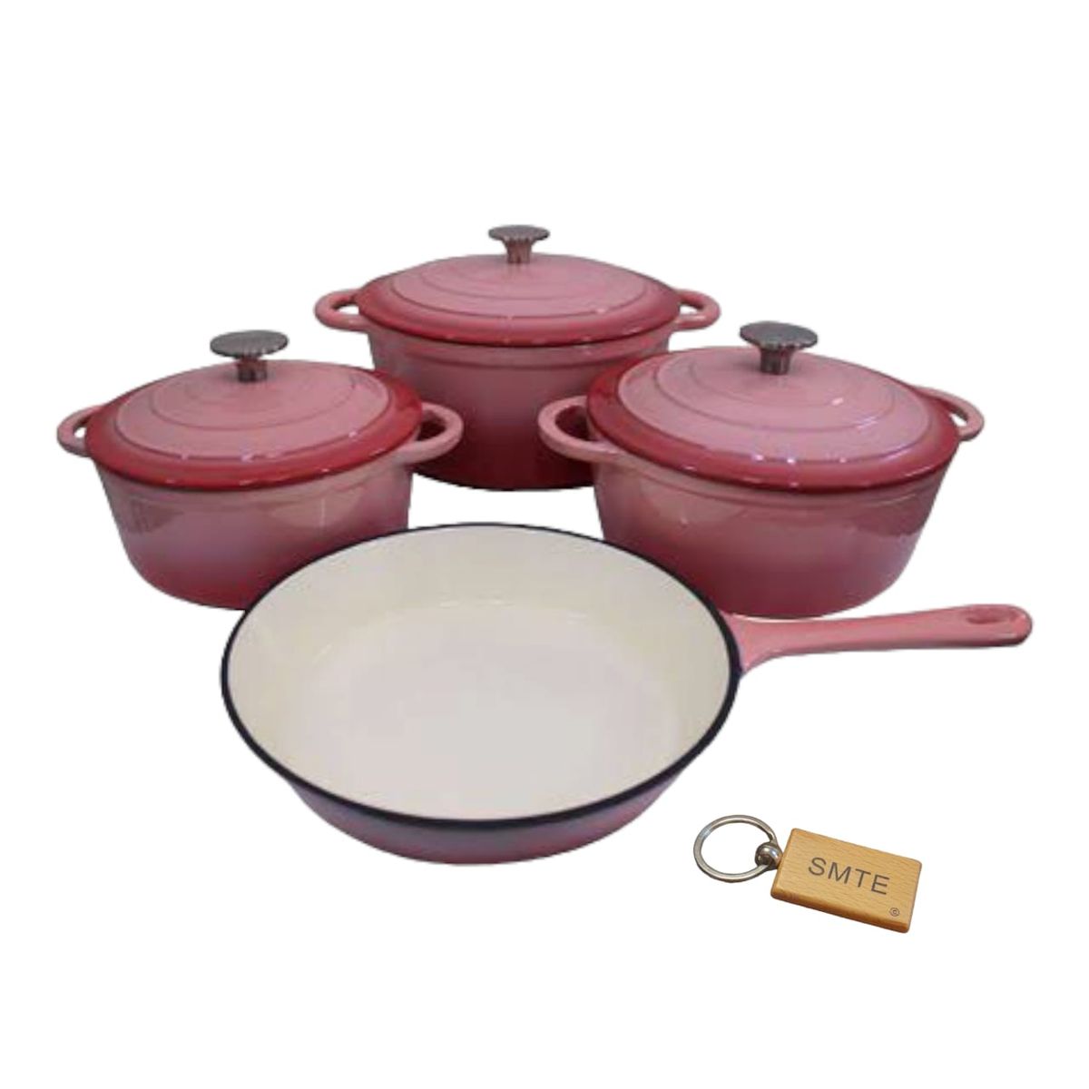 SMTE - Premium 7Piece Cast Iron Cookware Set+  KeychainLight Deep Pink