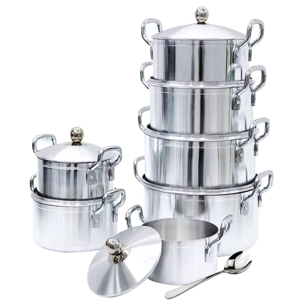 SMTE - Set of 8 Pure Aluminium Casserole Pot Set Pure Shine Silver with Meat Fork
