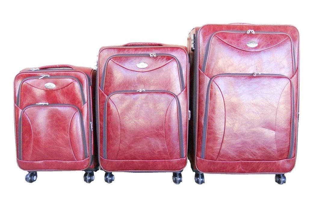 SMTE - 3Piece PU Luggage SetRed/Burgundy, Spinner Wheels, Telescoping Handles