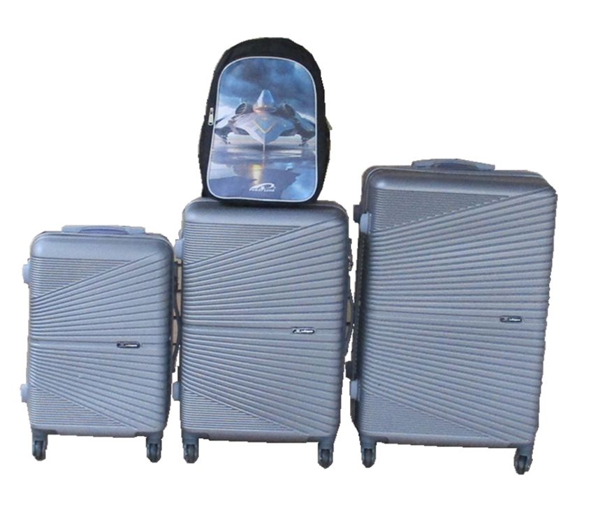 SMTE - Silver ABS 3Piece Trolley Luggage Set with Scenic Print School Bag