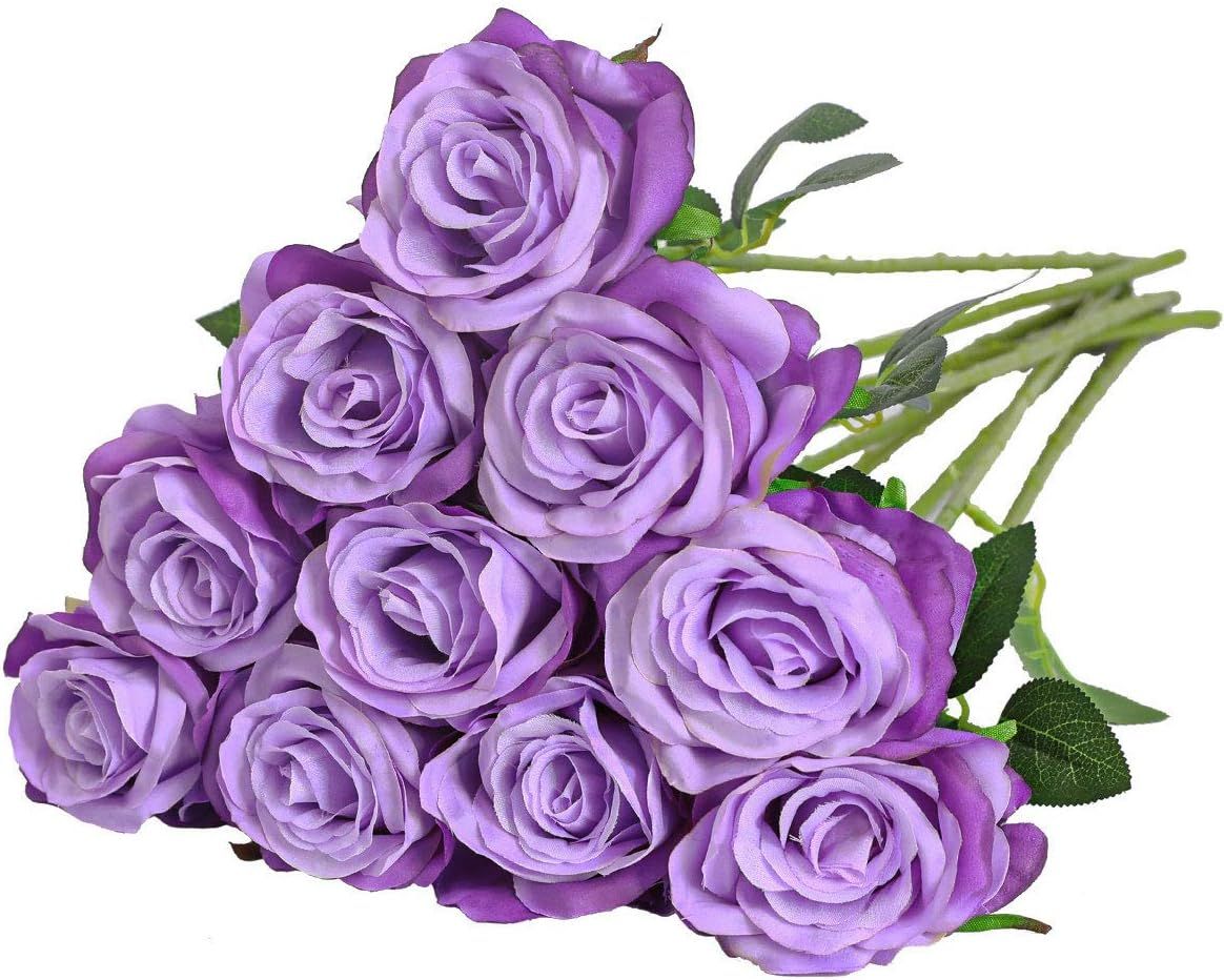 SMTE - 12 pcs Artificial Roses With Long Stem Real Touch DIY Home DecorPurple