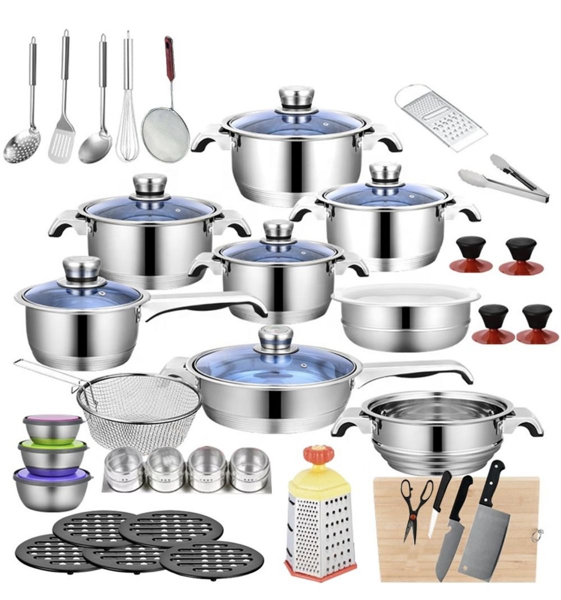 SMTE - IH-Quality Stainless Steel 7-Layer Capsuled Bottom Cookware Set - 50 Piece