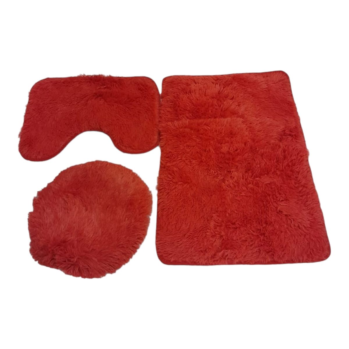 SMTE - 3 Piece Fluffy Toilet Seat Cover & Bathroom Mats Set - Red