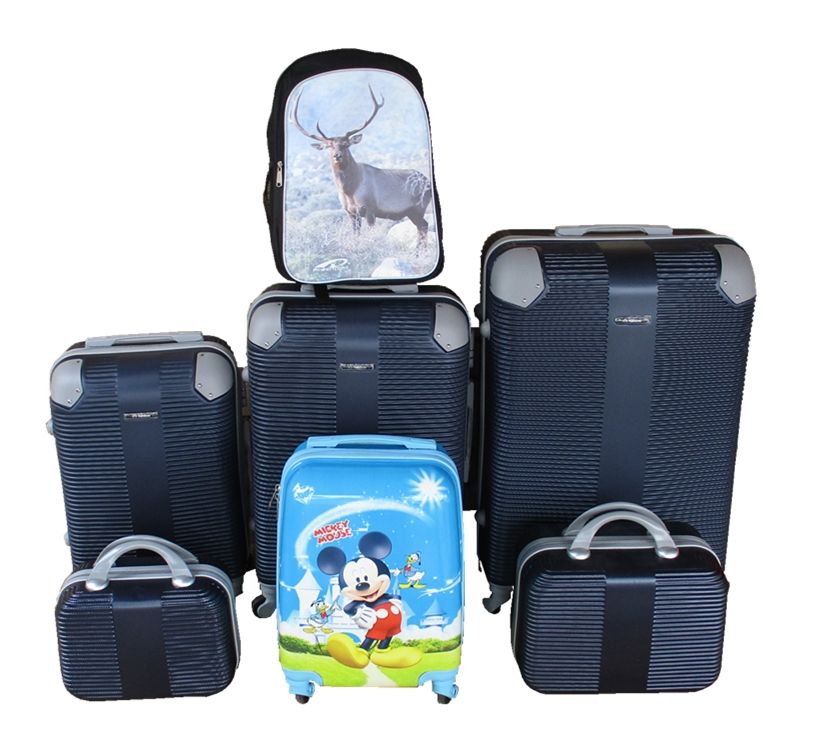 SMTE - Navy 5pieces ABS Luggage Set with Spinner Wheels, Mickey Case & Deer Schoolbag