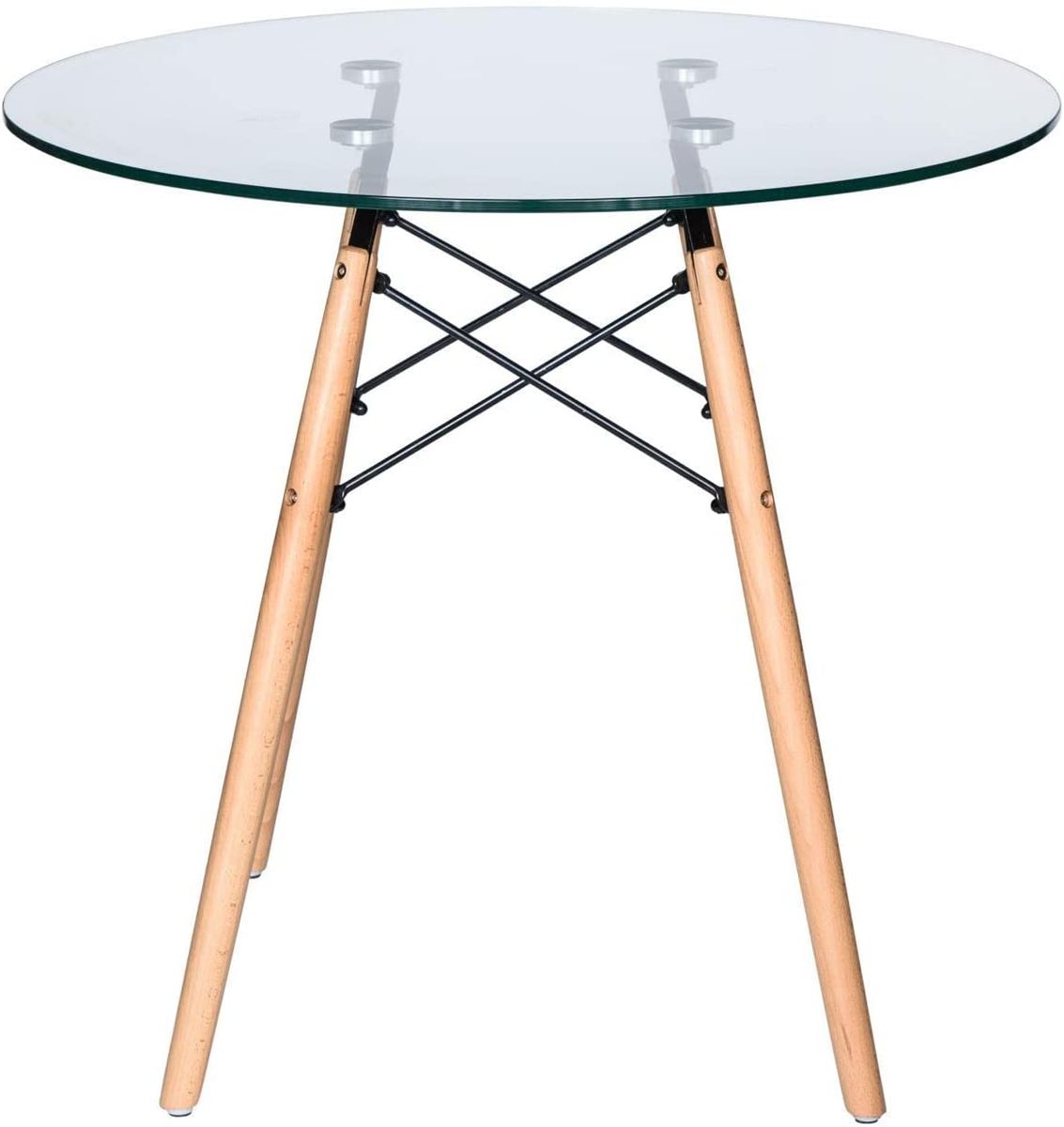 SMTE - Round Dining Table, Scandinavian Glass Kitchen Table with Solid Beech Legs