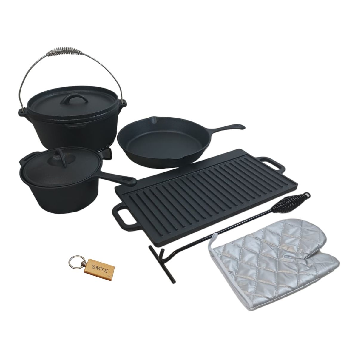 SMTE - PreSeasoned 7 Piece Cast Iron Dutch Heavy Duty Camping Set Plus  Keychain