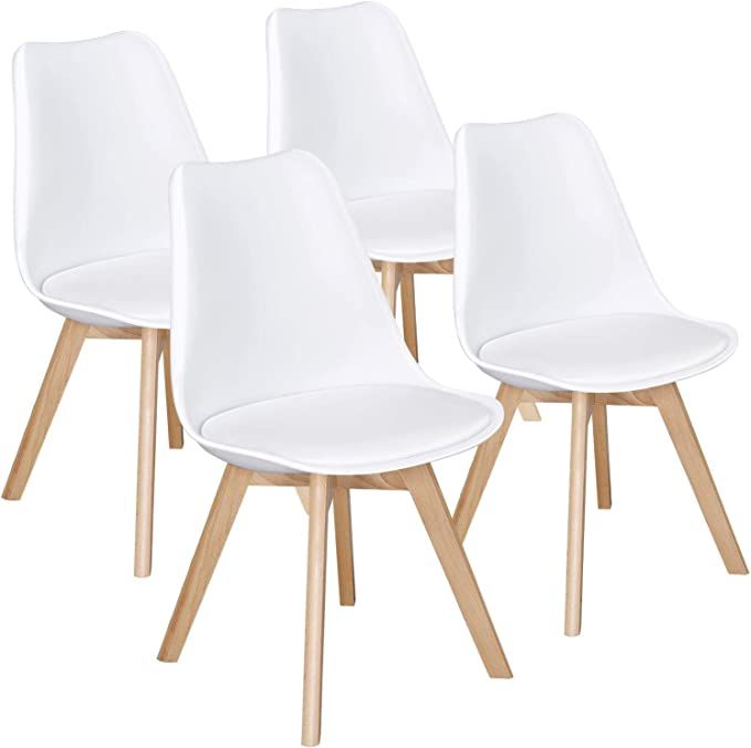 SMTE - Dining Chairs with Cushion Seat, Wooden Legs (White) - Set of 4 - White