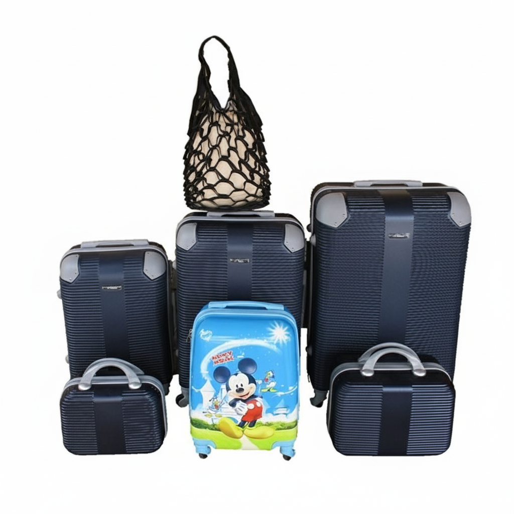 SMTE - Navy 5Piece ABS Luggage Set with Spinner Wheels, Mickey Case & Bag