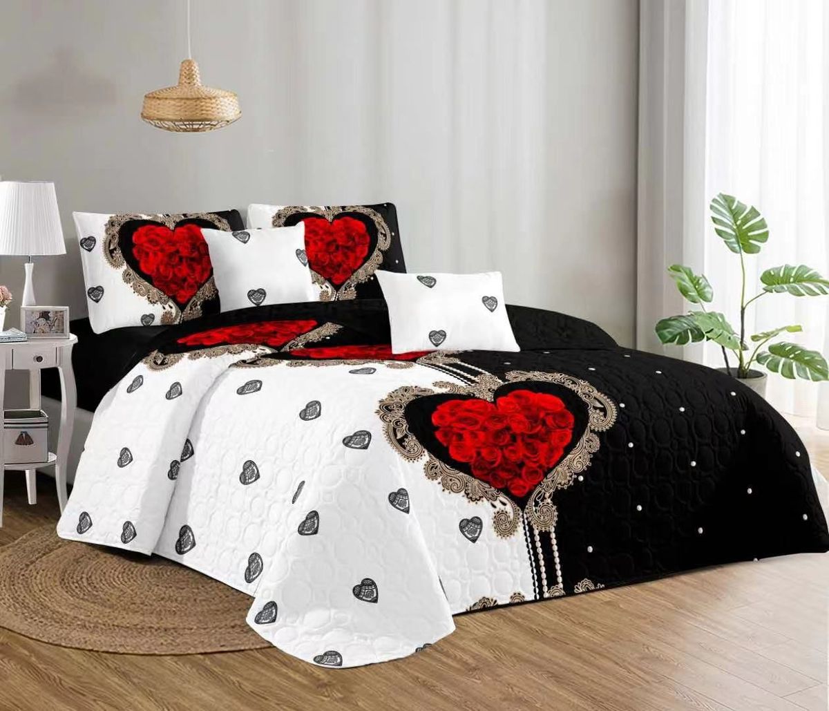 SMTE - Heart Quilted Red and Black Bedspread Set - 5 Piece Quilt