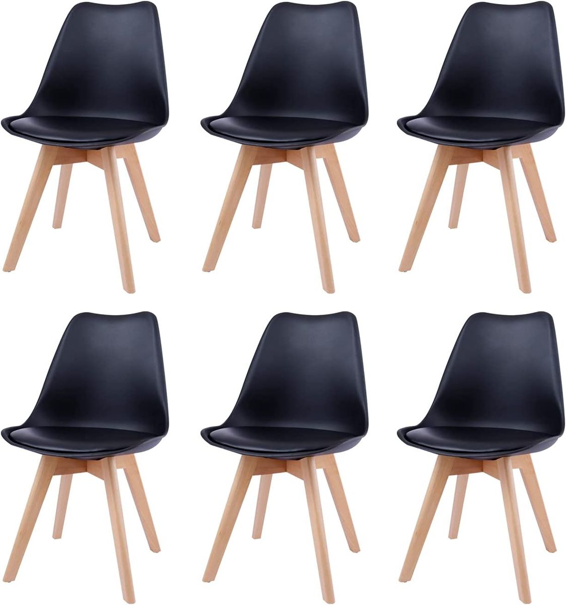 SMTE - Dining Chairs with Cushion Seat, Wooden Legs - Set of 6 - Black