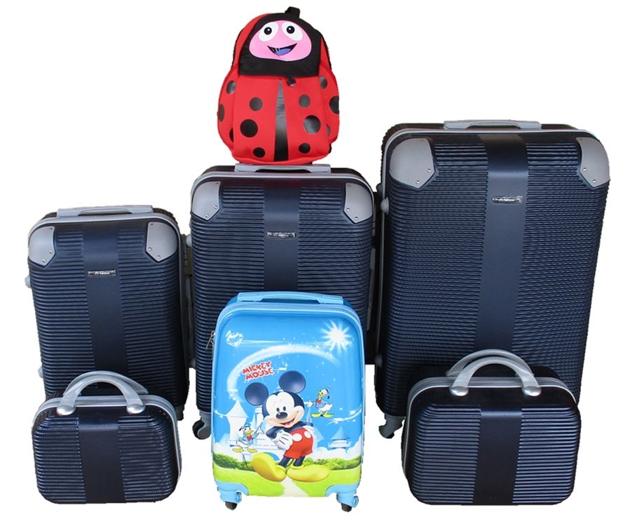 SMTE - Luggage SetNavy ABS Suitcases 5Piece, Mickey Kids Case and Red Ladybug Bag