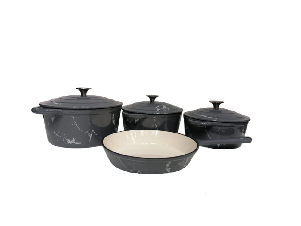 SMTE - New Design 7 Piece Cast Iron Enamel Pots - Marble Grey & White
