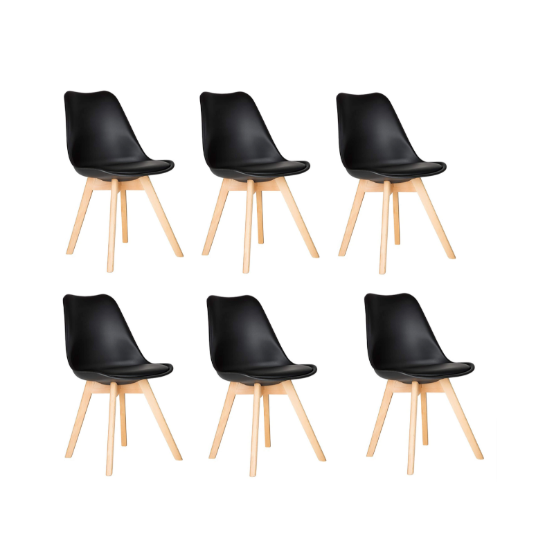 SMTE - A Pack of 6 Cushioned Dining Wooden Legs Chairs - Black