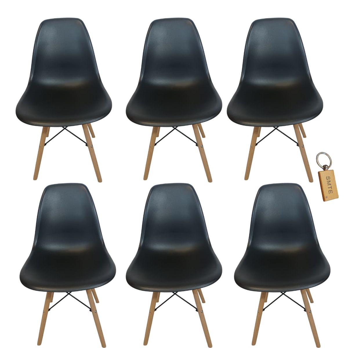 SMTE - Plastic Chair With Wooden Leg Set of 6+  KeychainBlack