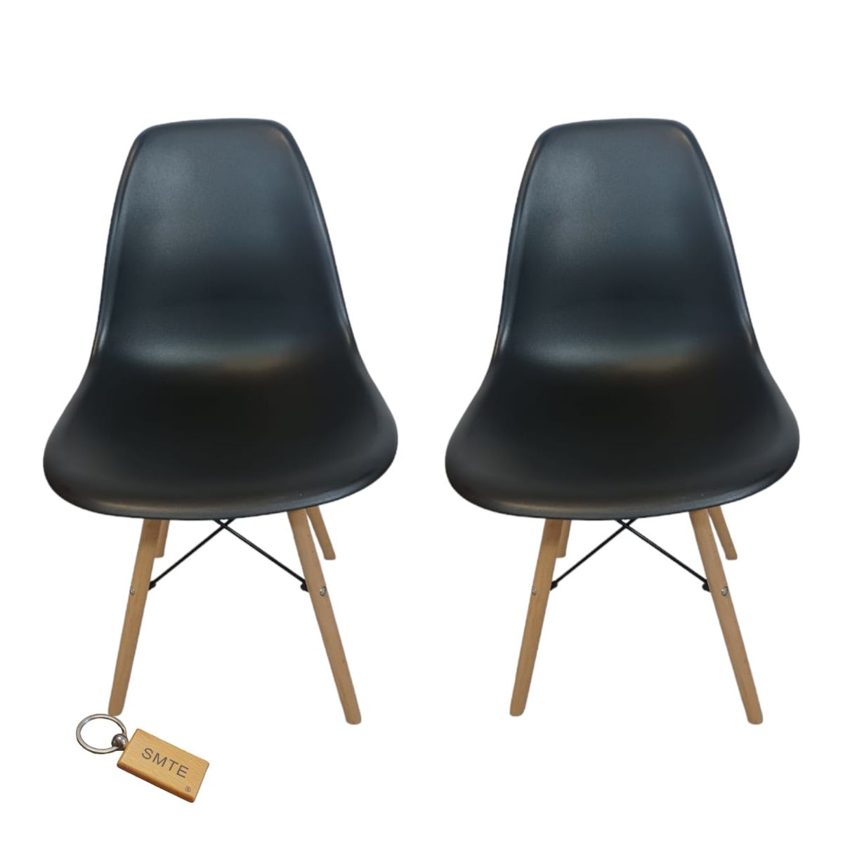 SMTE - Plastic Chair With Wooden Leg Set of 2+  KeychainBlack