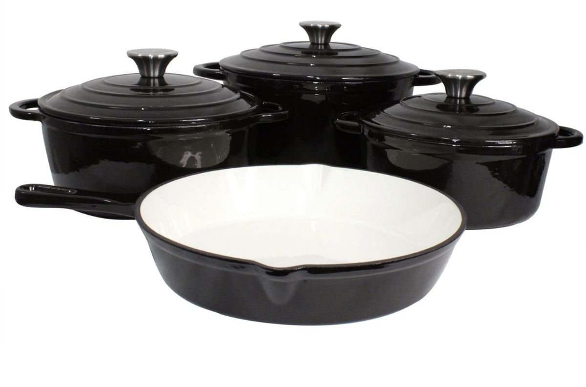 SMTE - Authentic 7 Piece Cast Iron Dutch Oven Cookware Pot Set - Black